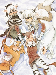 Rule 34 | &gt; &lt;, 5girls, :d, ^^^, aardwolf (kemono friends), all fours, animal ears, aran sweater, arctic fox (kemono friends), arms up, black eyes, black hair, blonde hair, blush, brown hair, cable knit, character request, closed eyes, commentary request, from above, gloves, hair between eyes, kemono friends, long hair, long sleeves, lying, mittens, multicolored hair, multiple girls, okapi (kemono friends), on back, open mouth, ponytail, shuushuusha, sitting, smile, snow, snowman, sweater, tail, two-tone hair, white hair, yellow eyes
