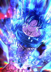 Rule 34 | 1boy, arms at sides, aura, black hair, blue shirt, bracer, clenched hands, closed mouth, collarbone, dragon ball, dragon ball super, full body, grey eyes, looking at viewer, male focus, mattari illust, orange pants, pants, rock, serious, shirt, solo, son goku, standing, torn clothes, ultra instinct, v-shaped eyebrows
