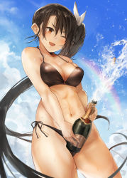 Rule 34 | 1girl, bare arms, bare legs, bare shoulders, bikini, black bikini, black hair, blush, bottle, breasts, brown eyes, cleavage, collarbone, cowboy shot, day, hair between eyes, highres, holding, holding bottle, kantai collection, large breasts, long hair, nachi (kancolle), navel, one eye closed, open mouth, rainbow, side ponytail, smile, solo, swimsuit, toka (marchlizard)