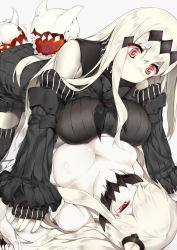 Rule 34 | 10s, 2girls, abyssal ship, aircraft carrier water oni, bare shoulders, black dress, black legwear, blush, breast press, breasts, cleavage, colored skin, covered mouth, detached sleeves, dress, hair ornament, highres, horns, kantai collection, large breasts, long hair, midway princess, multiple girls, naha78, pale skin, red eyes, ribbed dress, sailor dress, short dress, symmetrical docking, thighhighs, very long hair, white dress, white hair, white skin, zettai ryouiki