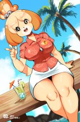 Rule 34 | 1girl, :d, animal crossing, bell, blonde hair, bra, bra peek, breasts, brown eyes, button gap, collared shirt, copyright name, crossed ankles, cup, curvy, day, dog girl, dog tail, drink, drinking glass, drinking straw, furry, furry female, hair bell, hair ornament, hawaiian shirt, highres, isabelle (animal crossing), jingle bell, kenron toqueen, large breasts, looking at viewer, miniskirt, narrow waist, nintendo, open mouth, outdoors, red shirt, rock, shirt, short hair, short sleeves, sitting, skirt, sky, smile, solo, tail, thick thighs, thighs, topknot, tree, tropical drink, underwear, w, water, white bra, white skirt