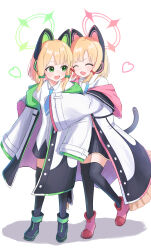 2girls absurdres animal_ear_headphones animal_ears aqua_necktie black_footwear black_skirt black_thighhighs blonde_hair blue_archive blush boots bow cat_ear_headphones cat_ears cat_tail closed_eyes collared_shirt fake_animal_ears fake_tail full_body green_bow green_halo hair_bow halo happy headphones heart highres hood hooded_jacket hug jacket long_sleeves medium_hair midori_(blue_archive) momoi_(blue_archive) multicolored_clothes multicolored_footwear multicolored_jacket multiple_girls necktie open_clothes open_jacket open_mouth parted_bangs pink_footwear pink_halo pleated_skirt porty_ramram red_bow school_uniform shirt siblings simple_background skirt sleeves_past_fingers sleeves_past_wrists smile standing tail thighhighs twins white_background white_jacket white_shirt wide_sleeves zettai_ryouiki