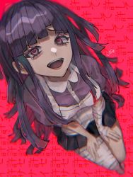 Rule 34 | 1girl, :d, apron, bandaged arm, bandaged leg, bandages, black skirt, blush, breasts, danganronpa (series), danganronpa 2: goodbye despair, from above, heart, heart-shaped pupils, joh pierrot, large breasts, long hair, looking at viewer, looking up, medium breasts, miniskirt, mole, mole under eye, nurse, open mouth, puffy short sleeves, puffy sleeves, purple eyes, purple hair, red background, short sleeves, skirt, smile, solo, symbol-shaped pupils, teeth, tsumiki mikan, upper teeth only