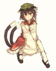 Rule 34 | 1girl, animal ears, bad id, bad twitter id, black footwear, brown eyes, brown hair, cat ears, cat tail, chen, dress, earrings, green hat, hat, highres, jewelry, long sleeves, looking at viewer, multiple tails, nekomata, pantyhose, parted lips, red dress, shoes, simple background, solo, tail, touhou, tsukiori, two tails, white background, white pantyhose, wide sleeves