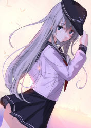 Rule 34 | 10s, 1girl, adjusting clothes, adjusting headwear, akasaai, anchor symbol, black skirt, blue eyes, cowboy shot, flat cap, from side, hat, hibiki (kancolle), highres, kantai collection, long sleeves, looking at viewer, looking to the side, neckerchief, parted lips, pleated skirt, school uniform, serafuku, silver hair, skirt, solo