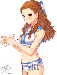 Rule 34 | 1girl, blush, breasts, brown hair, forehead, highres, idolmaster, idolmaster cinderella girls, long hair, looking at viewer, mmmakaron888, navel, own hands together, sailor bikini, sailor collar, sailor swimsuit (idolmaster), seki hiromi, signature, simple background, small breasts, solo, wavy hair, white background
