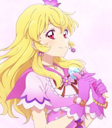 Rule 34 | 1girl, aikatsu! (series), alternate costume, blonde hair, brown ribbon, capelet, closed mouth, commentary request, crown, dress, earrings, flower earrings, gloves, heart, highres, holding, holding microphone, hoshimiya ichigo, jewelry, kumahubuki, long hair, looking at viewer, microphone, mini crown, necklace, pink background, pink dress, pink gloves, red eyes, ribbon, short sleeves, simple background, smile, solo, upper body