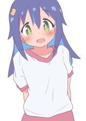 Rule 34 | 1girl, :d, blue hair, blush, collarbone, colored inner hair, commentary request, green eyes, gym shirt, gym uniform, hair between eyes, hair ornament, hairclip, hatafuta, long hair, looking at viewer, multicolored hair, onii-chan wa oshimai!, open mouth, shirt, short sleeves, simple background, smile, solo, tenkawa nayuta, two-tone hair, white background, white shirt