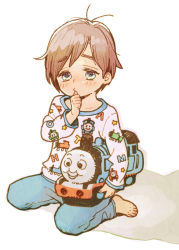 Rule 34 | 1boy, barefoot, blue eyes, blush, brown hair, character doll, child, commentary, feet, full body, k-san, light brown hair, looking at viewer, male focus, original, pajamas, pillow, simple background, solo, thomas the tank engine, thomas the tank engine (character), white background