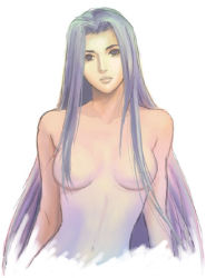 Rule 34 | 1girl, artist request, black eyes, blue hair, breasts, collarbone, female focus, hair over breasts, long hair, looking at viewer, lowres, medium breasts, miang hawwa, navel, nude, solo, white background, xenogears