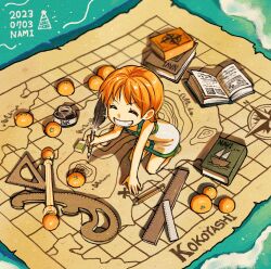 Rule 34 | 1girl, aged down, b kungya, bare arms, bare shoulders, birthday, book, character name, child, clima-tact, closed eyes, commentary request, dated, dress, food, fruit, full body, grin, hand on ground, holding, holding pen, ink, kneeling, mandarin orange, map, nami (one piece), ocean, one piece, open book, orange hair, partial commentary, pen, ruler, short hair, smile, solo, teeth, waves