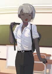 Rule 34 | 1boy, backpack, bad id, bad twitter id, bag, belt, black nails, black pants, blush, bulge, buttons, chair, chalkboard, choker, classroom, closed eyes, collared shirt, dark-skinned male, dark skin, desk, ear piercing, fang, grey hair, hair behind ear, highres, inactive account, indoors, male focus, nail polish, open mouth, original, pants, partially unbuttoned, piercing, podium, red choker, school chair, school desk, school uniform, shirt, short hair, short sleeves, solo, spike piercing, tajmahalchiba, trap, white shirt