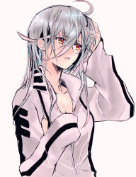 Rule 34 | 1girl, ahoge, blush, breasts, cleavage, clothing cutout, grey background, hand in own hair, highres, hikachil, jacket, laevateinn (phantom of the kill), looking to the side, medium breasts, open clothes, open jacket, open mouth, phantom of the kill, red eyes, side cutout, sideboob, sleeves past wrists, solo, sweat, teeth, upper body, upper teeth only, wet, wet hair, white jacket