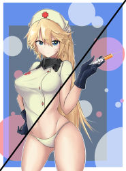 Rule 34 | 10s, 1girl, alternate costume, alternate hairstyle, bad id, bikini, black gloves, blonde hair, blue eyes, breasts, circle, dmt (auburn), dress, covered erect nipples, gloves, gluteal fold, hand on own hip, hat, highres, iowa (kancolle), kantai collection, large breasts, looking at viewer, navel, nurse, nurse cap, o-ring, o-ring top, ponytail, serious, short dress, short sleeves, solo, star-shaped pupils, star (symbol), swimsuit, symbol-shaped pupils, syringe, thighs, white bikini, white dress