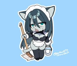 1girl animal_ears apron aqua_eyes bags_under_eyes black_thighhighs blue_background blue_hair blush breasts bucket bucket_of_water chibi cleavage fang furry furry_female holding holding_bucket holding_mop large_breasts long_hair maid maid_apron maid_headdress mop nipple-pastie_maid original shrug_(clothing) simple_background skin_fang sweat tail tanutan_(fur-ecoro3) thighhighs