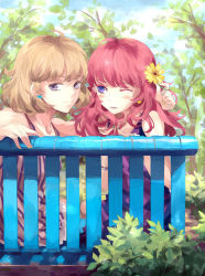 Rule 34 | 2girls, ahoge, bare shoulders, bench, blue eyes, blush, brown hair, day, earrings, flower, highres, jewelry, multiple girls, nail polish, one eye closed, open mouth, original, outdoors, purple eyes, red hair, saik, sitting, smile, wink, yellow nails