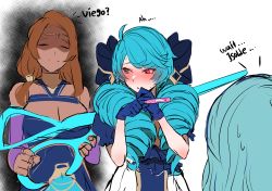 Rule 34 | 1boy, 2girls, absurdres, ahoge, bare shoulders, blue eyes, blue gloves, blue hair, blush, brown hair, circlet, closed mouth, collarbone, covered collarbone, drill hair, english text, closed eyes, frills, gloves, green hair, gwen (league of legends), heterochromia, highres, holding, holding scissors, holding weapon, hudak, isolde (league of legends), league of legends, light blue hair, light green hair, long hair, multiple girls, open mouth, oversized object, pink eyes, pregnancy test, scissors, shaded face, shy, sketch, smile, sweat, sweatdrop, viego (league of legends), weapon