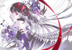 Rule 34 | 1girl, akemi homura, akuma homura, back, bai qi-qsr, bare shoulders, black dress, black gloves, black hair, black wings, bow, chinese commentary, commentary, commentary request, dress, elbow gloves, english commentary, feathered wings, flower, from side, gloves, hair bow, hairband, halter dress, halterneck, long hair, looking at viewer, mahou shoujo madoka magica, mahou shoujo madoka magica: hangyaku no monogatari, mixed-language commentary, pansy, purple flower, red bow, red hairband, red ribbon, ribbon, solo, upper body, very long hair, white background, wings