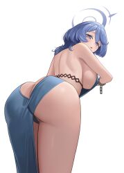 Rule 34 | 1girl, ako (blue archive), ako (dress) (blue archive), ass, backboob, backless dress, backless outfit, bare shoulders, blue archive, blue dress, blue eyes, blue hair, blue halo, blue panties, blush, breasts, butt crack, commentary request, dress, from behind, halo, highres, huge ass, kekko 044, large breasts, looking at viewer, looking back, medium hair, official alternate costume, open mouth, panties, sideboob, simple background, solo, thick thighs, thighs, underwear, white background