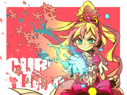 Rule 34 | 1girl, aqua eyes, blonde hair, blue fire, bow, character name, choker, cure flora, earrings, eyebrows, fire, gloves, go! princess precure, haruno haruka, hc2002, highres, jewelry, long hair, magical girl, multicolored hair, pink hair, pink skirt, precure, puffy short sleeves, puffy sleeves, short sleeves, skirt, smile, solo, streaked hair, thick eyebrows, two-tone hair, waist bow