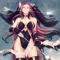 Rule 34 | 1girl, absurdres, animal ears, arrow (projectile), bare shoulders, black gloves, bow (weapon), braid, breasts, cleavage, fire emblem, fire emblem heroes, glint, gloves, gluteal fold, groin, hair ornament, hat, highleg, highres, holding, jewelry, large breasts, leotard, loki (fire emblem), long hair, looking at viewer, minaka shobu, mouth hold, nintendo, official alternate costume, playboy bunny, purple eyes, purple hair, rabbit ears, rubber gloves, solo, thighhighs, thighs, weapon
