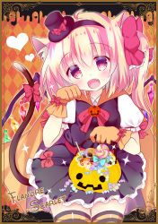 Rule 34 | 1girl, animal ears, basket, belt, black dress, black thighhighs, blonde hair, border, bow, bowtie, candy, cape, cat ears, cat tail, character name, checkered background, commentary request, crystal, dress, eyebrows, fang, flandre scarlet, food, glove bow, gloves, hair bow, hairband, halloween, hat, hat bow, heart, jack-o&#039;-lantern, lollipop, looking at viewer, mini hat, mini top hat, open mouth, orange background, orange cape, orange gloves, paw pose, puffy short sleeves, puffy sleeves, pumpkin, red bow, red bowtie, rika-tan (rikatantan), short sleeves, side ponytail, solo, sparkle, sweets, tail, tail bow, tail ornament, thighhighs, top hat, touhou, wings