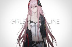 Rule 34 | 1girl, black jacket, breasts, cartridge, cleavage, closed mouth, clothes pull, codex207, collarbone, copyright name, dress, feet out of frame, girls&#039; frontline, highres, jacket, jacket pull, long hair, looking at viewer, m82a1 (girls&#039; frontline), navel, pink eyes, pink hair, small breasts, solo, standing, white background