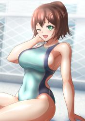 Rule 34 | 1girl, absurdres, arm support, blue one-piece swimsuit, blurry, brown hair, chain-link fence, character name, commentary request, competition swimsuit, copyright request, cowboy shot, depth of field, fence, green eyes, highres, looking at viewer, one-piece swimsuit, one eye closed, short hair, sitting, smile, solo, swimsuit, virtual youtuber, yurizuku owl