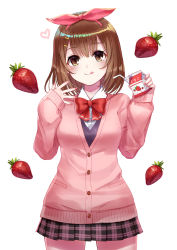 Rule 34 | 1girl, bad id, bad pixiv id, blush, breasts, brown eyes, brown hair, closed mouth, food, fruit, hair ornament, hairband, hairclip, heart, highres, looking at viewer, medium breasts, milk, milk carton, nail polish, original, pink nails, plaid, plaid skirt, school uniform, seungju lee, simple background, skirt, sleeves past wrists, smile, solo, strawberry, tongue, tongue out, uniform, white background
