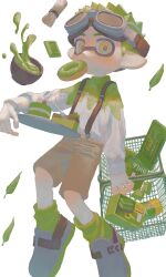 Rule 34 | 1boy, blush, brown shorts, cake, cake slice, chocolate, collared shirt, commentary request, doughnut, falling leaves, food, food in mouth, fork, goggles, goggles on head, green eyes, green hair, green shirt, green socks, highres, inkling, inkling boy, inkling player character, leaf, male focus, matcha (food), mouth hold, nintendo, pastry box, plate, pointy ears, shirt, shopping basket, short hair, shorts, socks, solo, spiked hair, splatoon (series), suspenders, tentacle hair, tiripow, two-tone eyes, two-tone shirt, white background, white shirt, yellow eyes