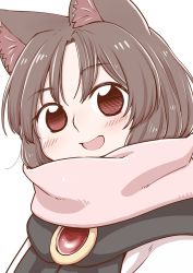 Rule 34 | 1girl, :d, aged down, animal ears, blush, brown hair, enpera, gem, imaizumi kagerou, long hair, looking at viewer, open mouth, poronegi, red eyes, scarf, simple background, smile, solo, touhou, wolf ears