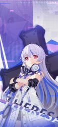 Rule 34 | 1girl, character name, chinese commentary, closed mouth, cross (weapon), crossed arms, headphones, highres, honkai (series), honkai impact 3rd, long sleeves, looking at viewer, multicolored hair, official alternate costume, official art, official wallpaper, red eyes, smile, solo, streaked hair, theresa apocalypse, theresa apocalypse (luna kindred), v-shaped eyebrows, white hair