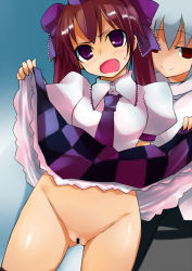 Rule 34 | 2girls, assisted exposure, blush, brown hair, censored, checkered clothes, checkered skirt, clothes lift, female focus, himekaidou hatate, inubashiri momiji, multiple girls, necktie, no panties, open mouth, purple eyes, pussy, red eyes, sawamura hikaru, short hair, silver hair, skirt, skirt lift, smile, touhou, twintails, underwear