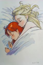 Rule 34 | 2girls, anna (frozen), blonde hair, couple, elsa (frozen), closed eyes, frozen (disney), hair down, highres, hug, hug from behind, incest, lying, multiple girls, nude, on side, os-da, red hair, siblings, sisters, sleeping, traditional media, under covers, yuri