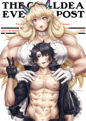 Rule 34 | 1boy, 1girl, bandaid, bandaid on face, bare shoulders, bite mark, black gloves, blonde hair, breasts, broad shoulders, couple, dress, barghest (fate), fate/grand order, fate (series), frilled dress, frills, fujimaru ritsuka (male), gloves, green eyes, hands on another&#039;s shoulders, happy, height difference, hetero, heterochromia, highres, horns, huge breasts, kuon (kwonchanji), lips, lipstick mark, long hair, muscular, muscular arms, muscular female, open clothes, open mouth, open shirt, scratches, size difference, smile, tall female, the saturday evening post, thick arms, v