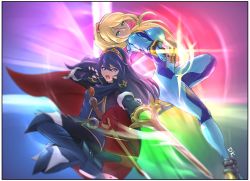 Rule 34 | 2girls, armor, blonde hair, blue bodysuit, blue eyes, blue hair, bodysuit, breasts, cape, covered erect nipples, deekei, falchion (fire emblem), fingerless gloves, fire emblem, fire emblem awakening, gloves, gun, high ponytail, highres, impossible bodysuit, impossible clothes, long hair, looking at viewer, lucina (fire emblem), metroid, mole, mole under mouth, multiple girls, nintendo, open mouth, ponytail, samus aran, shiny clothes, skin tight, smile, super smash bros., sword, tiara, weapon, zero suit