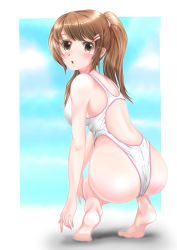 Rule 34 | 1girl, ass, barefoot, brown eyes, brown hair, competition swimsuit, highleg, highleg swimsuit, long hair, mashinatsu, one-piece swimsuit, original, ponytail, reiji-sss, solo, squatting, swimsuit