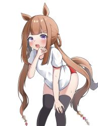 Rule 34 | 1girl, absurdres, alternate costume, animal ears, black thighhighs, blush, brown hair, brown tail, buruma, commentary request, feet out of frame, gokurin, hair ornament, hair rings, hand on own knee, highres, horse ears, horse girl, horse tail, leaning forward, long hair, looking at viewer, open mouth, purple eyes, shirt, short sleeves, sidelocks, simple background, solo, standing, sweat, sweep tosho (umamusume), tail, thighhighs, tracen training uniform, twintails, umamusume, white background, white shirt