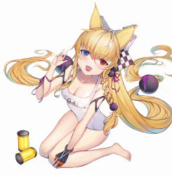 Rule 34 | 1girl, animal ears, blonde hair, blue eyes, braid, breasts, character name, cleavage, collarbone, fox ears, full body, g41 (beach punk 2064) (girls&#039; frontline), g41 (girls&#039; frontline), girls&#039; frontline, head tilt, heterochromia, highres, homong, long hair, looking at viewer, medium breasts, official alternate costume, one-piece swimsuit, open mouth, red eyes, simple background, sitting, solo, swimsuit, tagme, very long hair, white background, white one-piece swimsuit