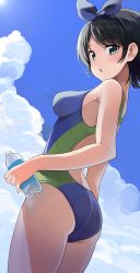 Rule 34 | 1girl, arched back, ass, back cutout, bare shoulders, black hair, blue one-piece swimsuit, blue ribbon, blue sky, bottle, breasts, clothing cutout, cloud, cloudy sky, commentary, cowboy shot, day, from side, green one-piece swimsuit, hair ribbon, highres, hiroki (yyqw7151), holding, holding bottle, kanojo okarishimasu, light blush, looking at viewer, looking back, medium breasts, one-piece swimsuit, outdoors, parted bangs, parted lips, plastic bottle, ribbon, sarashina ruka, short hair, sky, solo, sun, swimsuit, thighs, two-tone swimsuit, water bottle