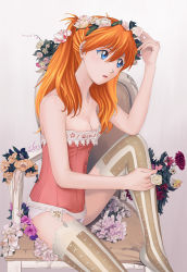 Rule 34 | 1girl, blue eyes, breasts, cleavage, corset, flower, garter straps, hair flower, hair ornament, holding, holding flower, neon genesis evangelion, panties, ponytail, red hair, solo, sorandia, souryuu asuka langley, striped clothes, striped thighhighs, thighhighs, underwear, vertical-striped clothes, vertical-striped thighhighs