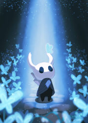Rule 34 | 1other, black eyes, black skin, blank eyes, blue butterfly, bug, butterfly, butterfly on head, butterfly on horn, colored skin, full body, glowing butterfly, grey cloak, highres, hollow knight, horns, idass (idass16), insect, knight (hollow knight), nail (hollow knight), solo, standing, sword, weapon, weapon on back