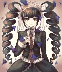 Rule 34 | 1girl, black hair, black jacket, bonnet, celestia ludenberg, center frills, danganronpa: trigger happy havoc, danganronpa (series), dress shirt, drill hair, frills, gothic lolita, hand up, highres, jacket, lolita fashion, long hair, long sleeves, looking at viewer, necktie, open clothes, open jacket, petals, print necktie, red eyes, red necktie, shirt, shita matsuge, smile, solo, twin drills, twintails, white shirt