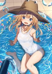 Rule 34 | 1girl, barefoot, blush, breasts, bubble, covered navel, artistic error, hat, highres, hose, long hair, mamemochi, moriya suwako, navel, one-piece swimsuit, open mouth, partially submerged, school swimsuit, sitting, small breasts, smile, solo, swimsuit, thighs, touhou, wading pool, white one-piece swimsuit, wrong foot