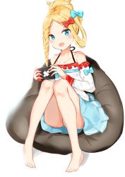 Rule 34 | 1girl, :d, abigail williams (fate), absurdres, ass, barefoot, blue bow, blue eyes, blue skirt, blush, bow, braid, collarbone, commentary request, fate/grand order, fate (series), forehead, hair bow, hair bun, halterneck, handheld game console, highres, holding, holding handheld game console, long hair, long sleeves, looking at viewer, nintendo switch, off-shoulder shirt, off shoulder, open mouth, parted bangs, pleated skirt, red bow, shirt, side braid, single braid, single hair bun, sitting, skirt, smile, solo, white background, white shirt, yukaa