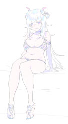 Rule 34 | 1girl, armband, barefoot sandals (jewelry), blue nails, bra, breasts, choker, closed mouth, enkyo yuuichirou, highres, horn flower, horns, large breasts, light smile, long hair, looking at viewer, nail polish, navel, original, panties, purple eyes, sitting, smile, solo, toenail polish, toenails, underwear, underwear only, white hair