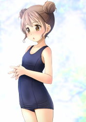 Rule 34 | 1girl, bare arms, bare shoulders, blue one-piece swimsuit, blurry, blurry background, blush, brown eyes, brown hair, commentary request, depth of field, double bun, hair bun, highres, interlocked fingers, looking away, old school swimsuit, one-piece swimsuit, original, parted lips, school swimsuit, shibacha, solo, swimsuit