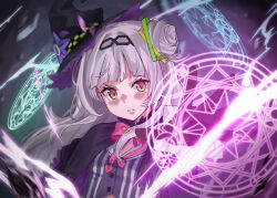 Rule 34 | 1girl, absurdres, black capelet, black gloves, black hairband, blunt bangs, buttons, capelet, casting spell, collared shirt, commentary request, daichi (daichi catcat), gloves, gradient background, green background, hair bun, hair ornament, hair over shoulder, hairband, hat, highres, hololive, long hair, long sleeves, looking at viewer, magic circle, multicolored background, murasaki shion, neck ribbon, parted bangs, parted lips, pink ribbon, purple background, ribbon, shirt, sidelocks, solo, striped clothes, striped shirt, teeth, very long hair, virtual youtuber, white hair, witch hat, yellow eyes