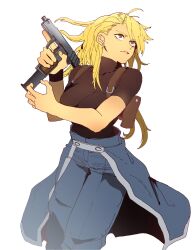 Rule 34 | 1girl, absurdres, ahoge, amestris military uniform, asymmetrical bangs, black wristband, blonde hair, blue pants, breasts, brown eyes, closed mouth, earrings, extended magazine, feet out of frame, fingernails, floating hair, from side, fullmetal alchemist, gun, handgun, hands up, highres, holster, isaacchief300, jewelry, large breasts, lips, long hair, looking up, military uniform, open hand, pants, riza hawkeye, shirt, shoulder holster, simple background, solo, straight hair, stud earrings, tight clothes, tight shirt, trigger discipline, turtleneck, uniform, walking, weapon, white background, white trim