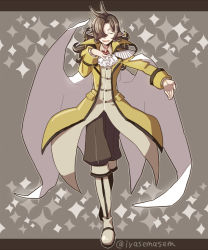 Rule 34 | 1boy, ahoge, boots, brown hair, cape, coat, ascot, disgaea, closed eyes, full body, grey background, knee boots, letterboxed, long hair, makai senki disgaea 3, male focus, master big star, outstretched hand, pants, pointy ears, smile, solo, sparkle, standing, twitter username, yu (kaburimono ex)